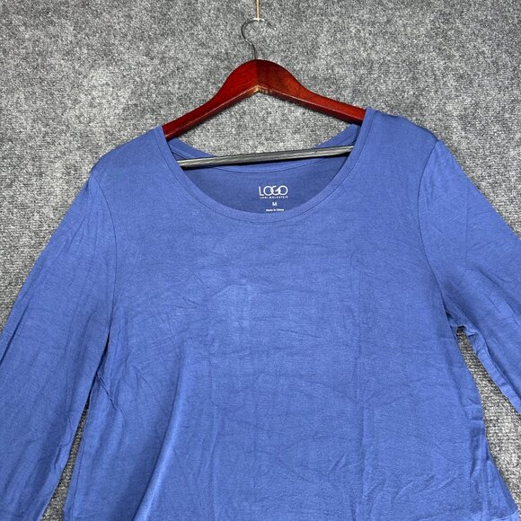 LOGO Lori Goldstein Womens Medium Tunic Top Blue Stretch Asymmetrical Tie Hem - Picture 4 of 8